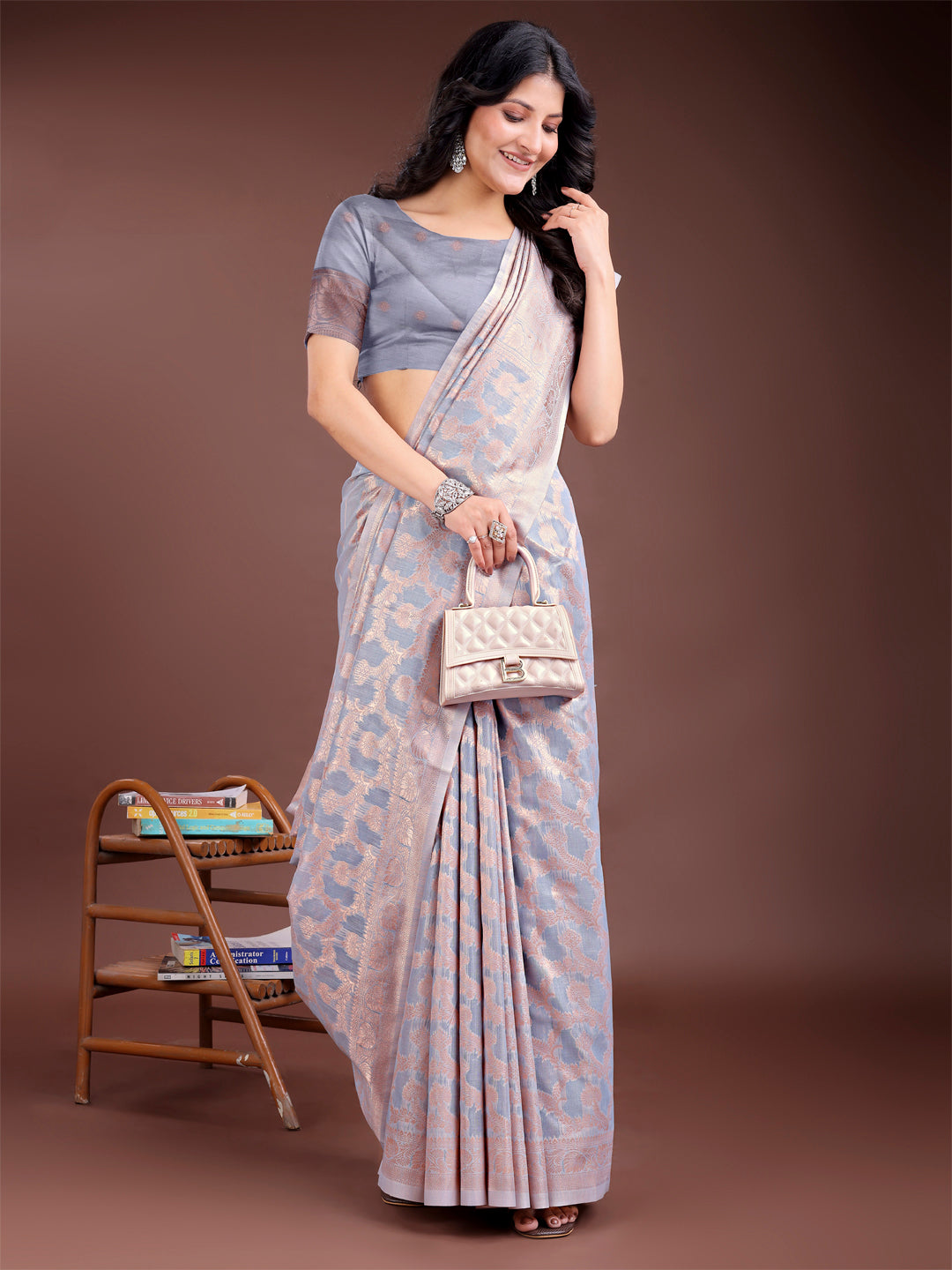 Grey Linen Cotton Woven Zari Saree with Traditional Tassels