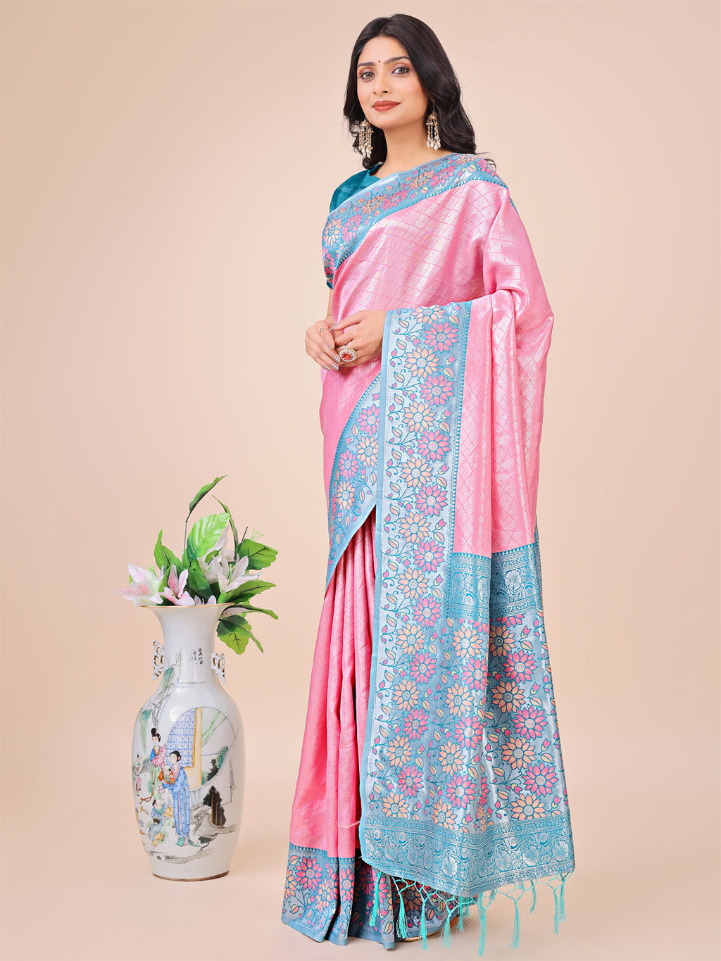 Pink & Sky Blue Floral Woven Lichi Silk Saree with Tassels