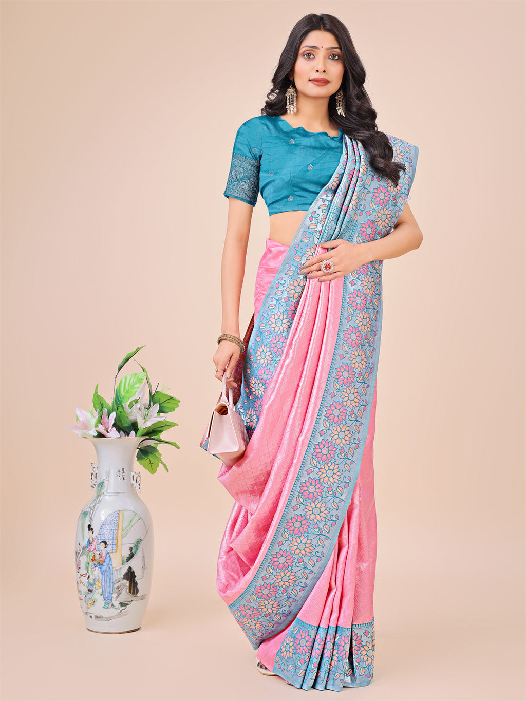 Pink & Sky Blue Floral Woven Lichi Silk Saree with Tassels