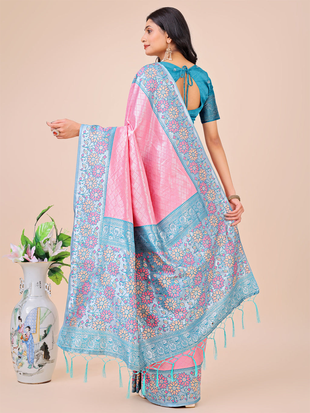 Pink & Sky Blue Floral Woven Lichi Silk Saree with Tassels