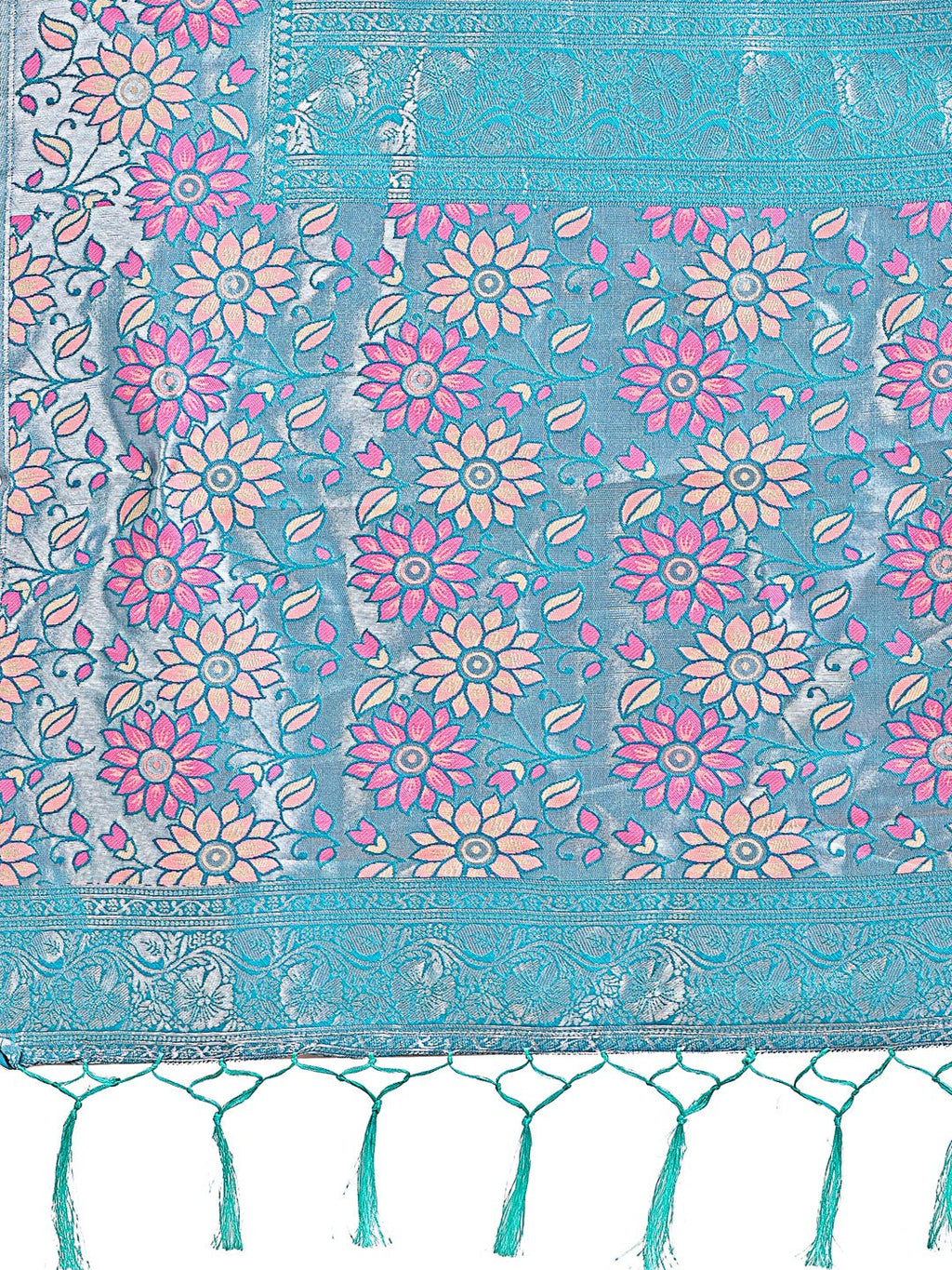 Pink & Sky Blue Floral Woven Lichi Silk Saree with Tassels