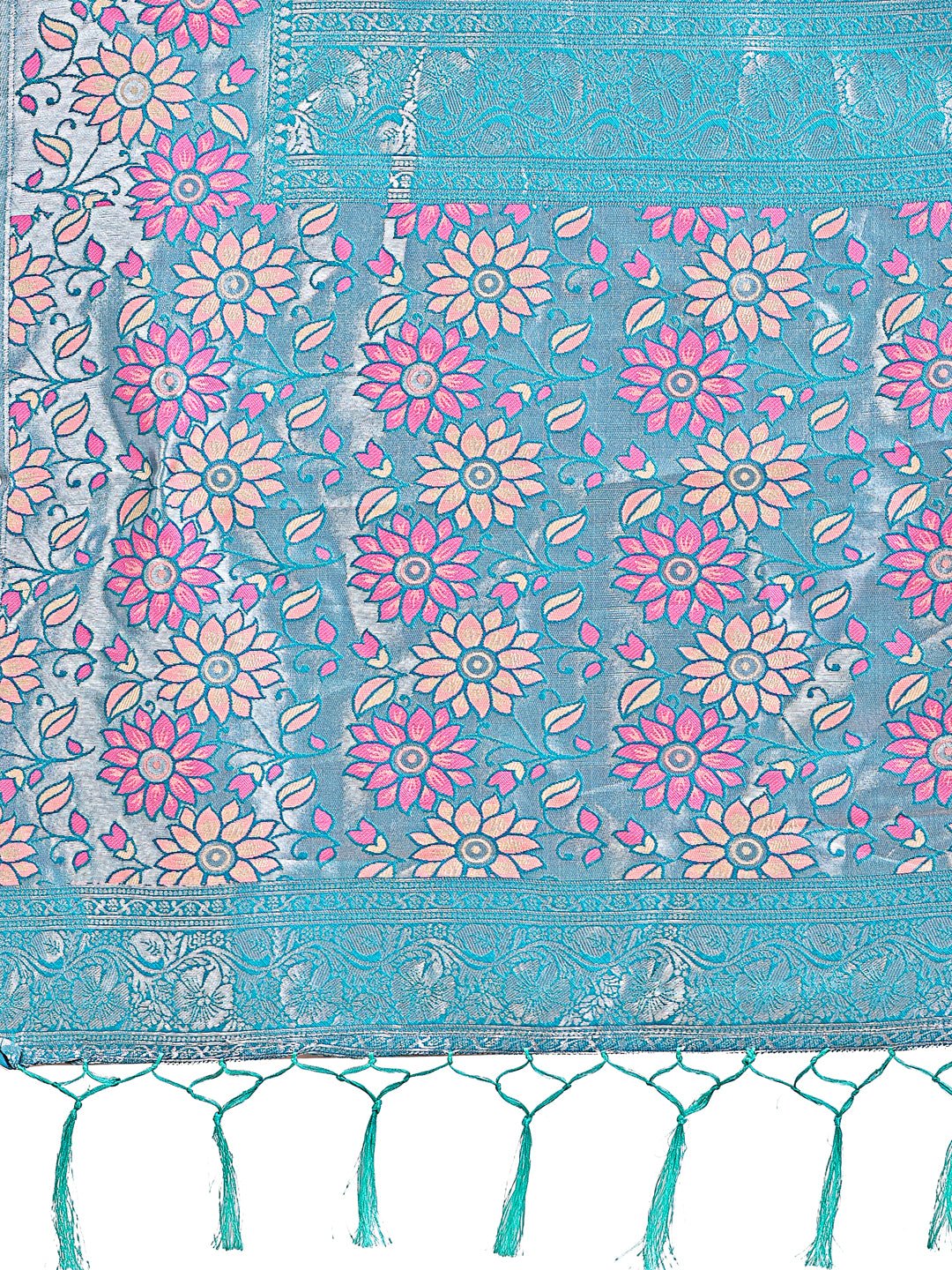 Pink & Sky Blue Floral Woven Lichi Silk Saree with Tassels