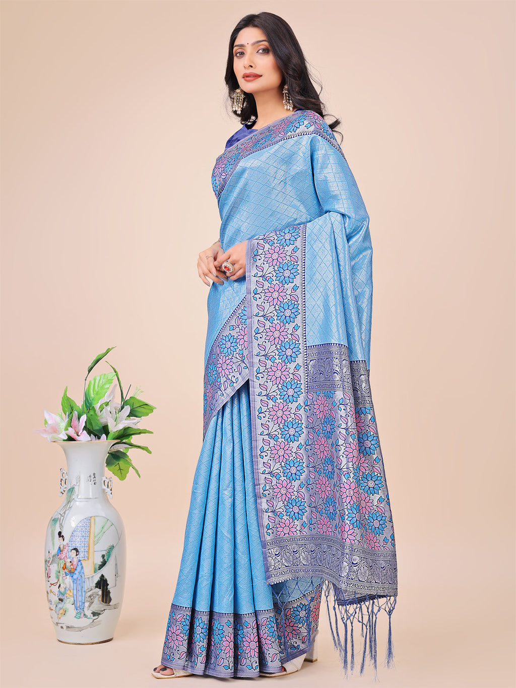 Sky Blue Floral Lichi Silk Saree with Tassel Pallu