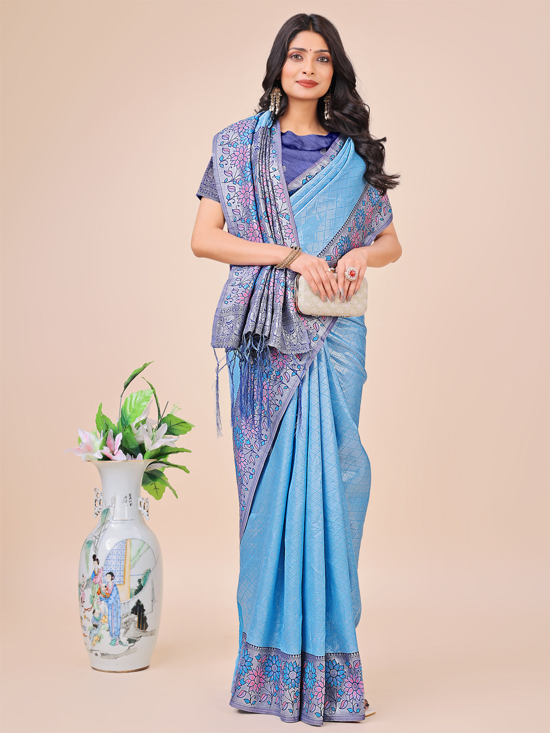 Sky Blue Floral Lichi Silk Saree with Tassel Pallu