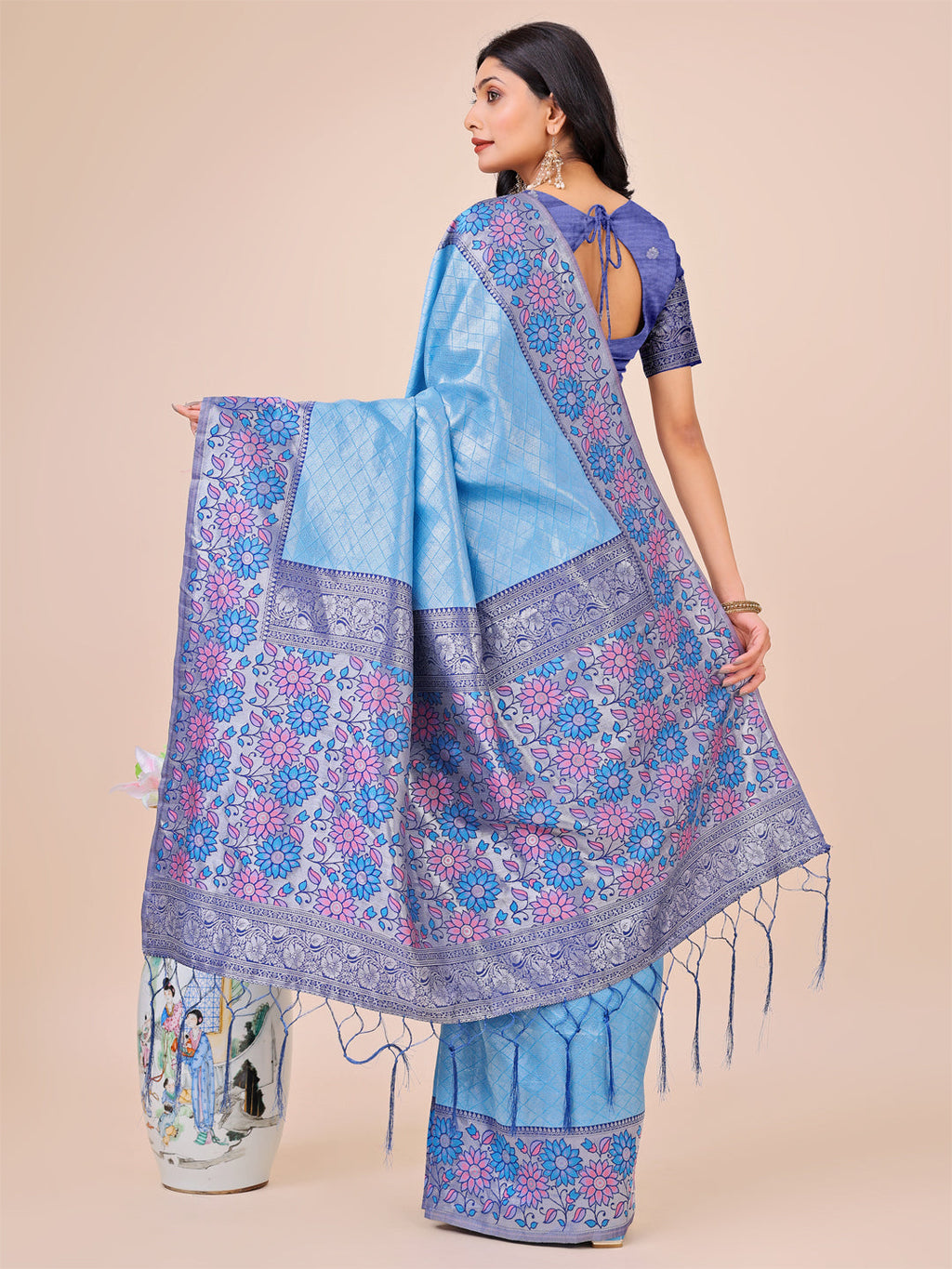 Sky Blue Floral Lichi Silk Saree with Tassel Pallu