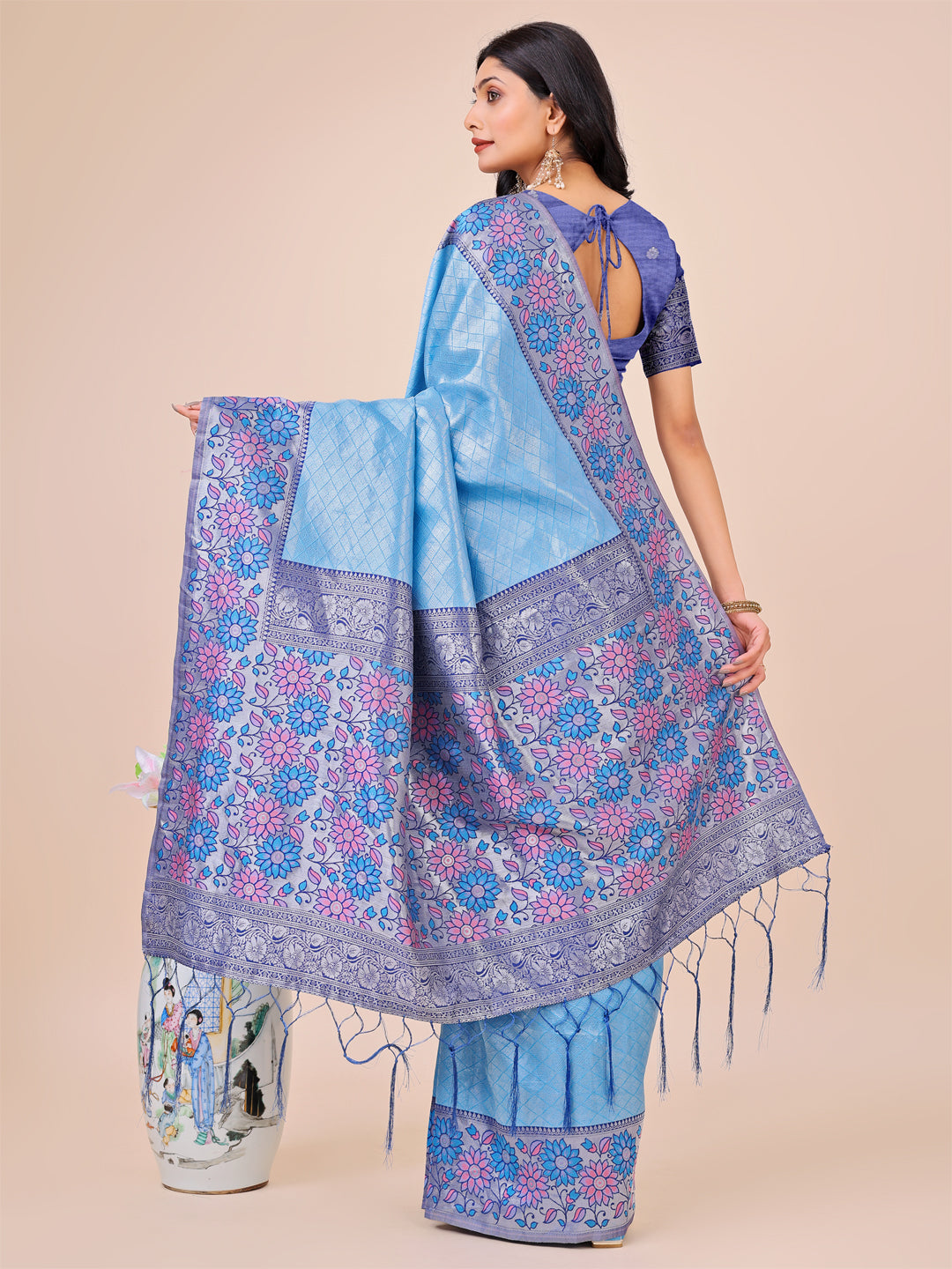 Sky Blue Floral Lichi Silk Saree with Tassel Pallu
