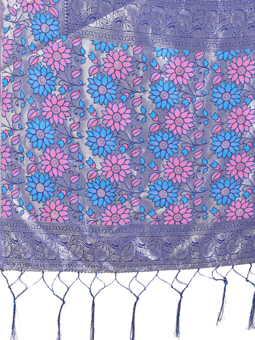 Sky Blue Floral Lichi Silk Saree with Tassel Pallu