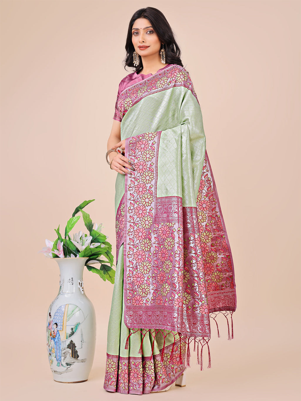 Olive Green & Pink Floral Woven Lichi Silk Saree with Tassels