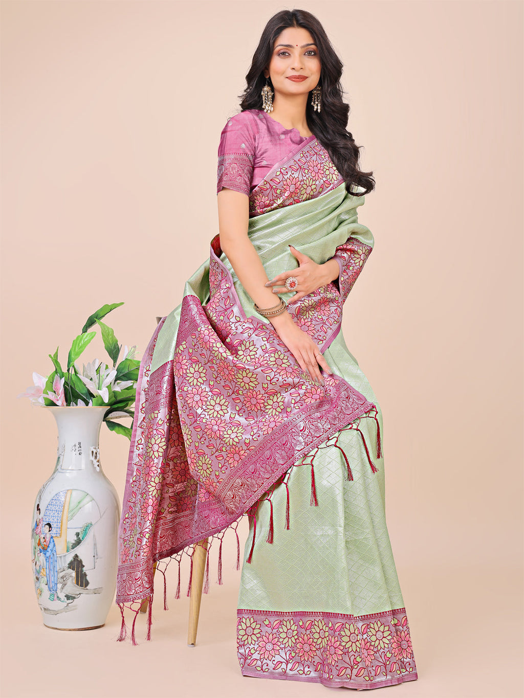 Olive Green & Pink Floral Woven Lichi Silk Saree with Tassels