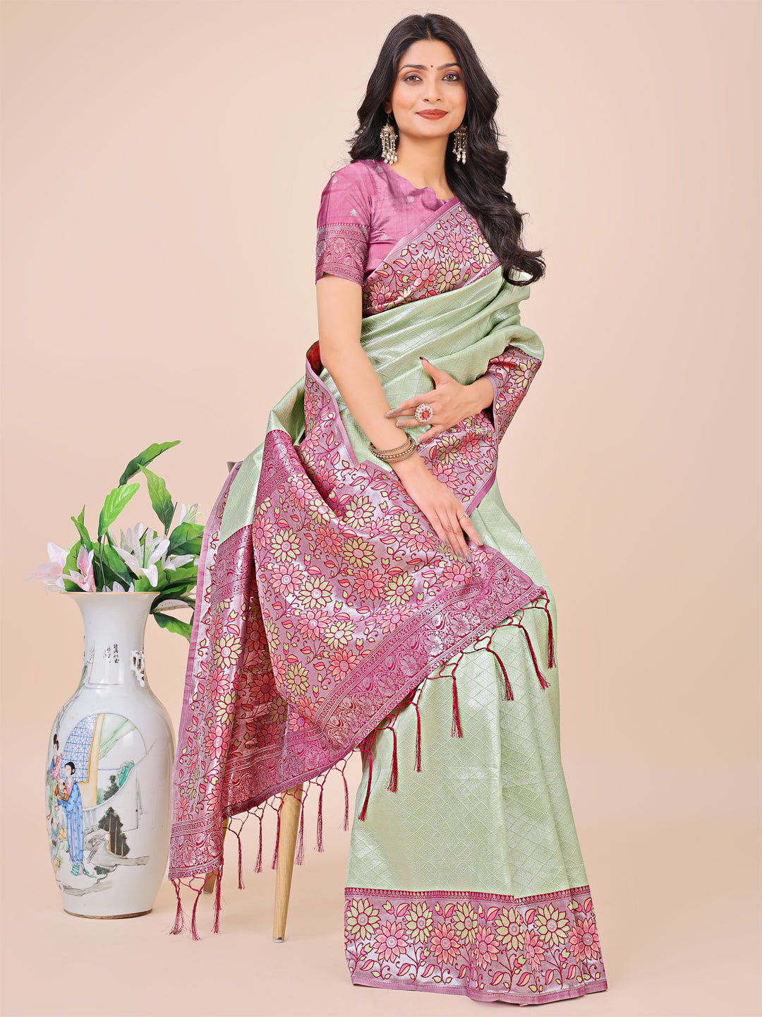 Olive Green & Pink Floral Woven Lichi Silk Saree with Tassels