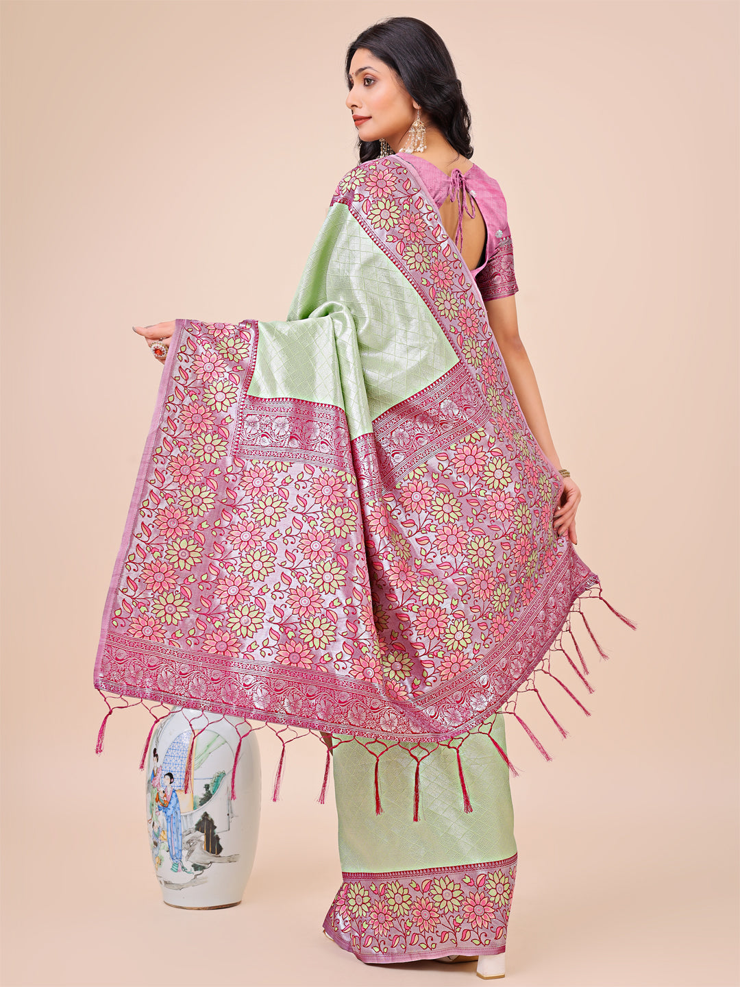 Olive Green & Pink Floral Woven Lichi Silk Saree with Tassels