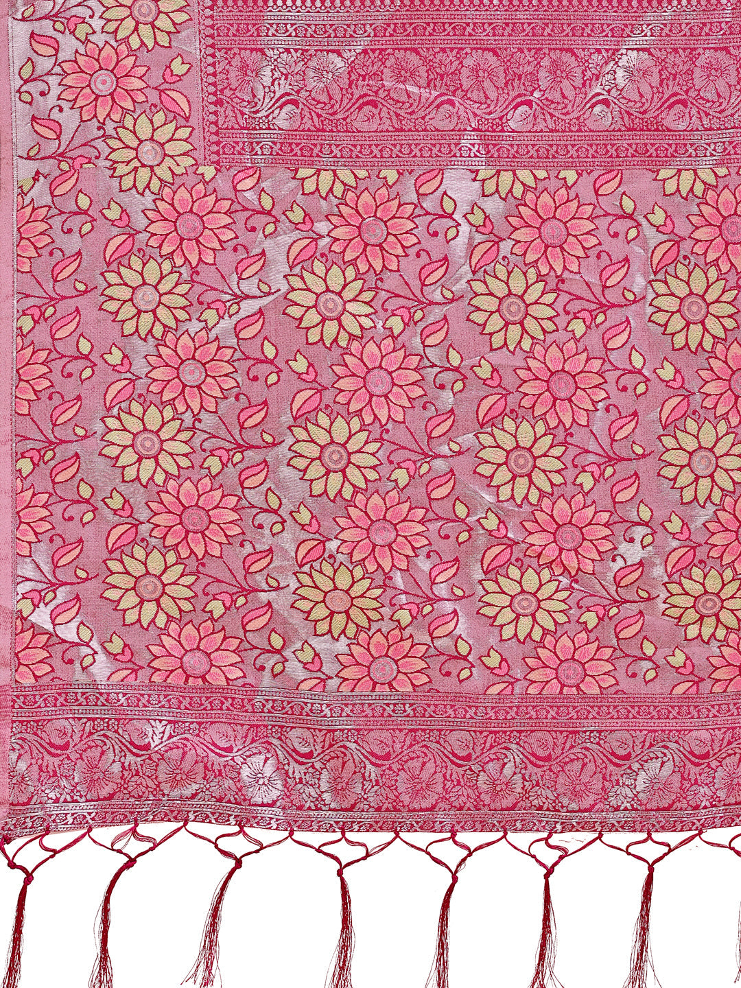 Olive Green & Pink Floral Woven Lichi Silk Saree with Tassels