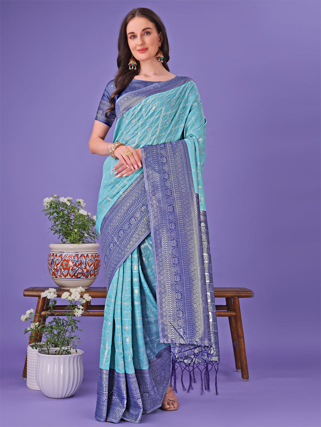 Sea Green and Blue Lichi silk saree with rich woven border and contrast blouse