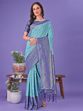 Sea Green and Blue Lichi silk saree with rich woven border and contrast blouse