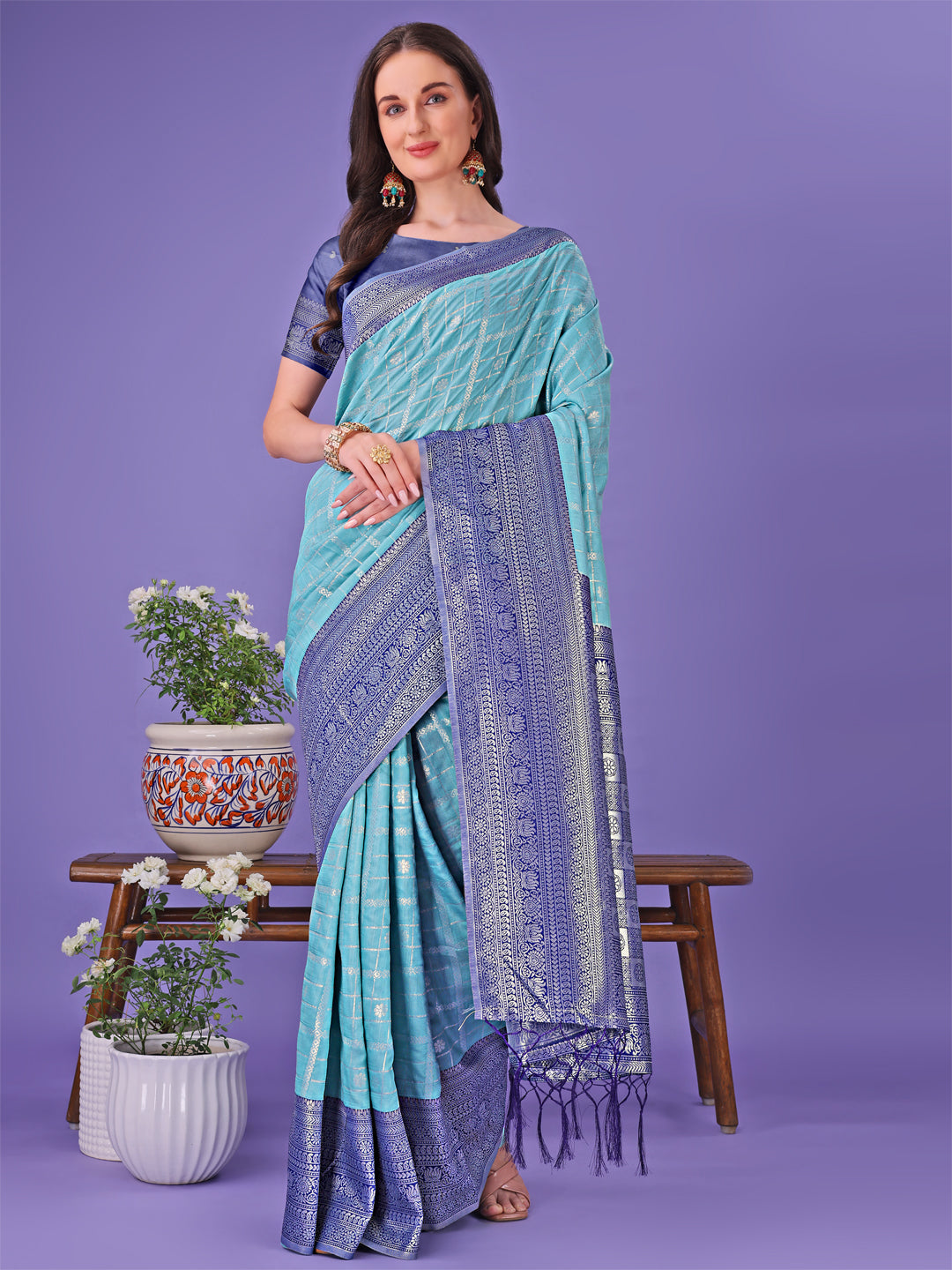 Sea Green and Blue Lichi silk saree with rich woven border and contrast blouse