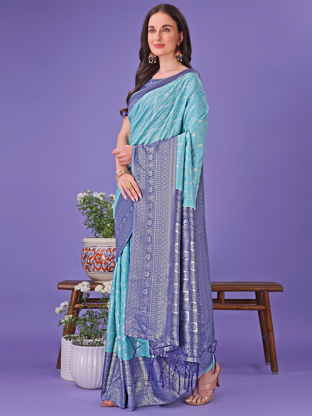 Vibrant Sea Green and Blue Lichi Silk Saree with Woven Border