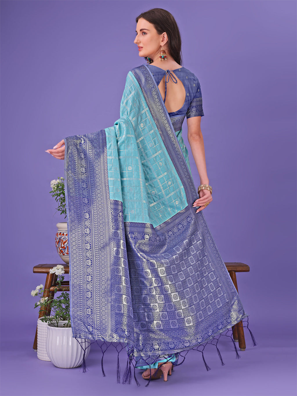 Vibrant Sea Green and Blue Lichi Silk Saree with Woven Border