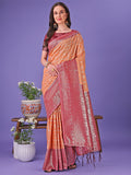 Orange and Red Lichi silk saree featuring a detailed woven border and contrast blouse