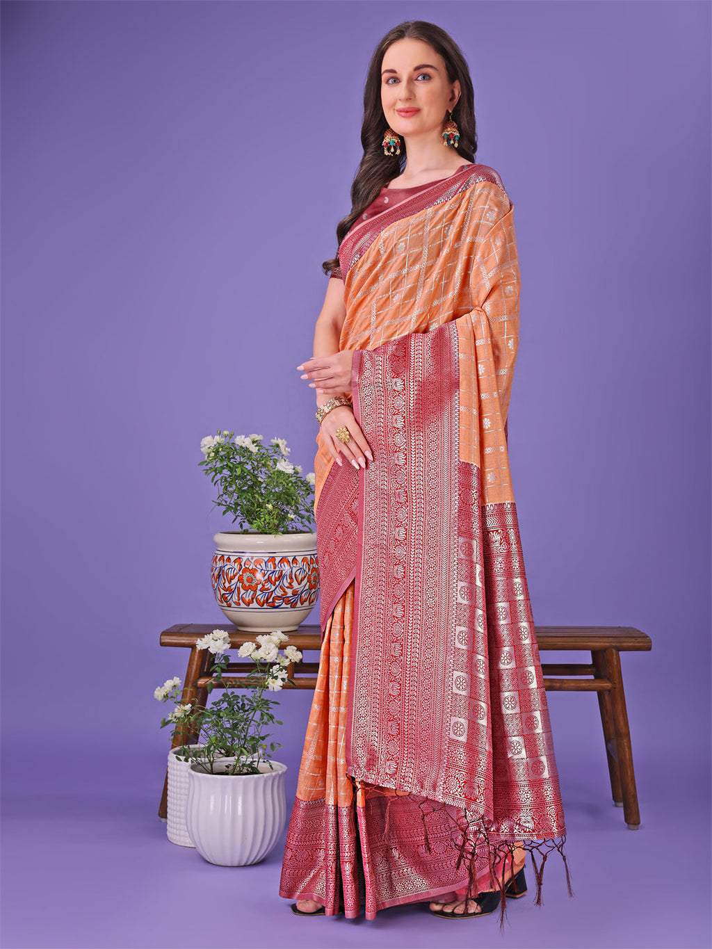 Vibrant Orange and Red Lichi Silk Saree with Woven Border