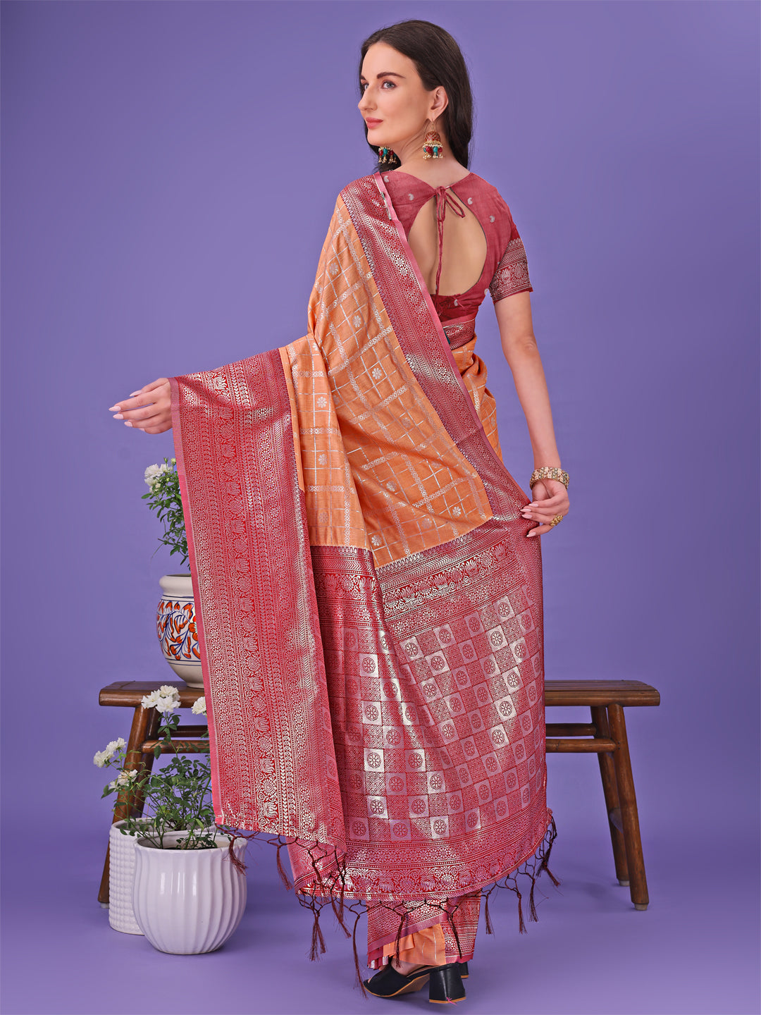Vibrant Orange and Red Lichi Silk Saree with Woven Border