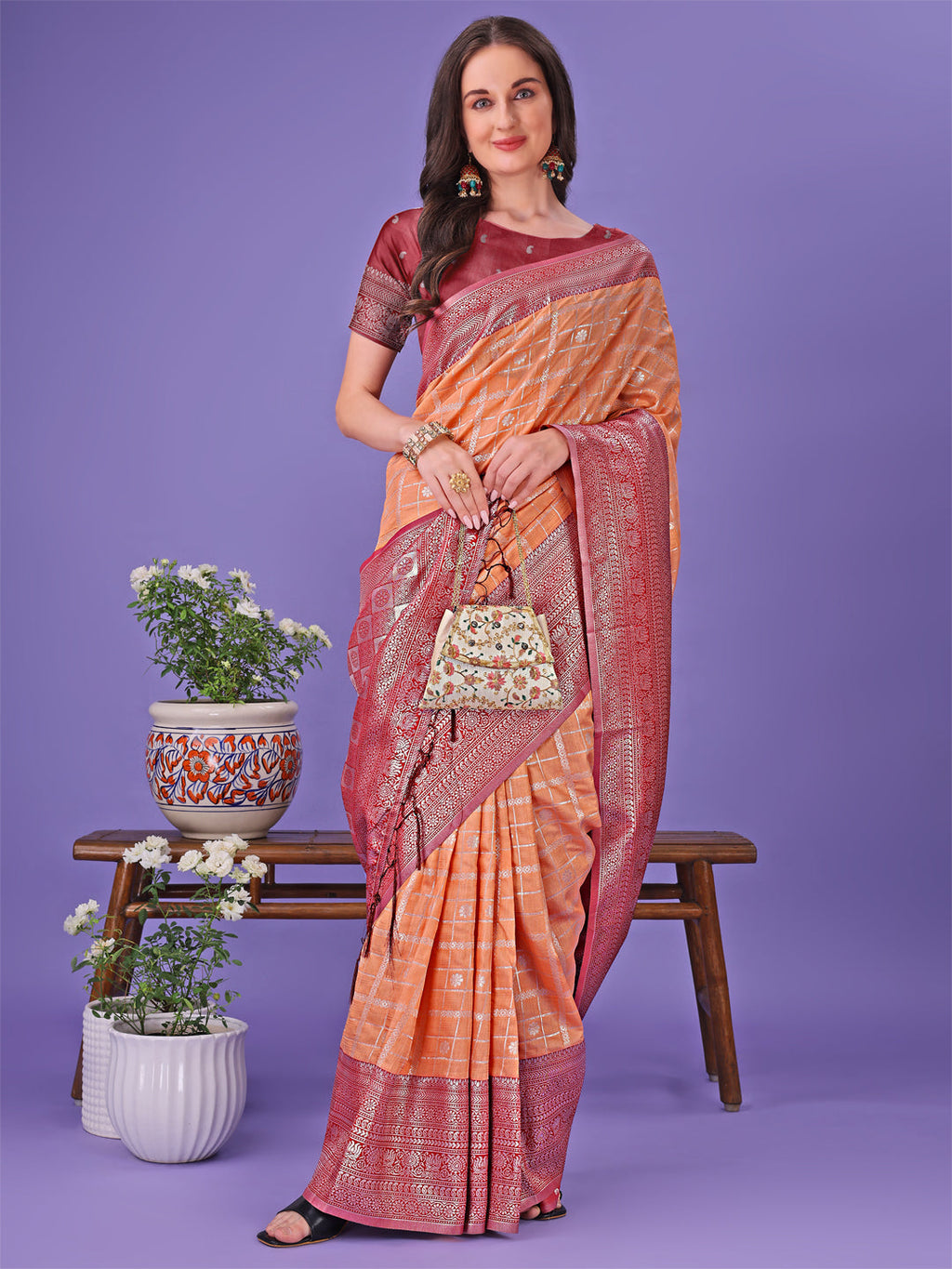 Vibrant Orange and Red Lichi Silk Saree with Woven Border