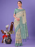 Cream and green Lichi silk saree with rich woven border and zigzag pattern