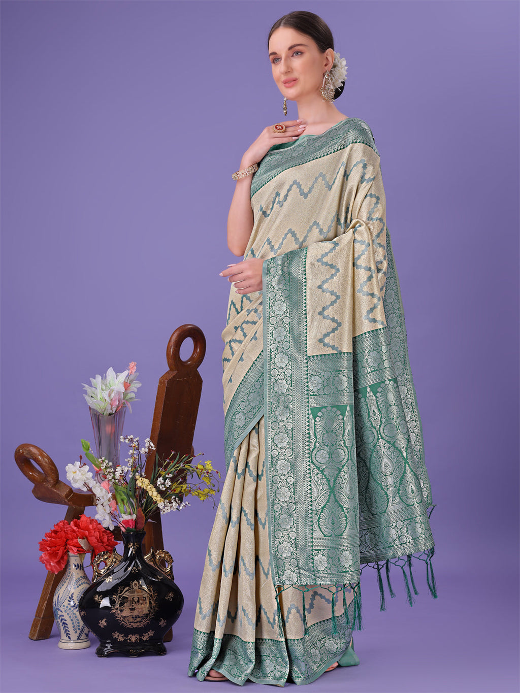 Cream and Green Lichi Silk Saree with Zigzag Woven Border