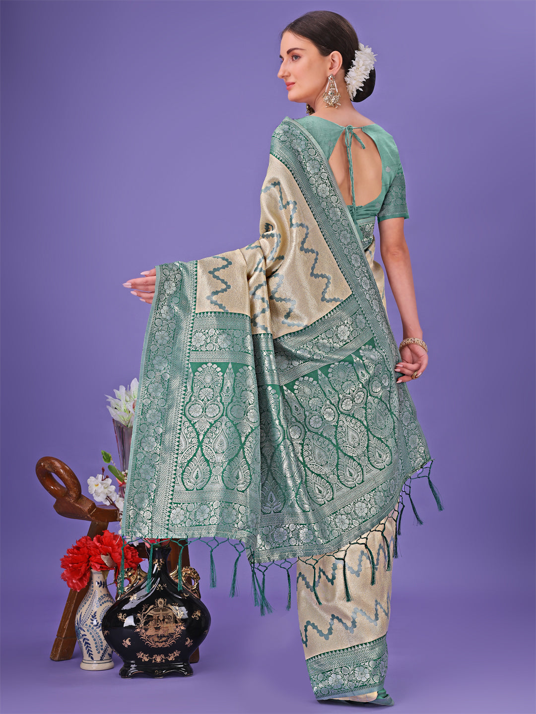 Cream and Green Lichi Silk Saree with Zigzag Woven Border