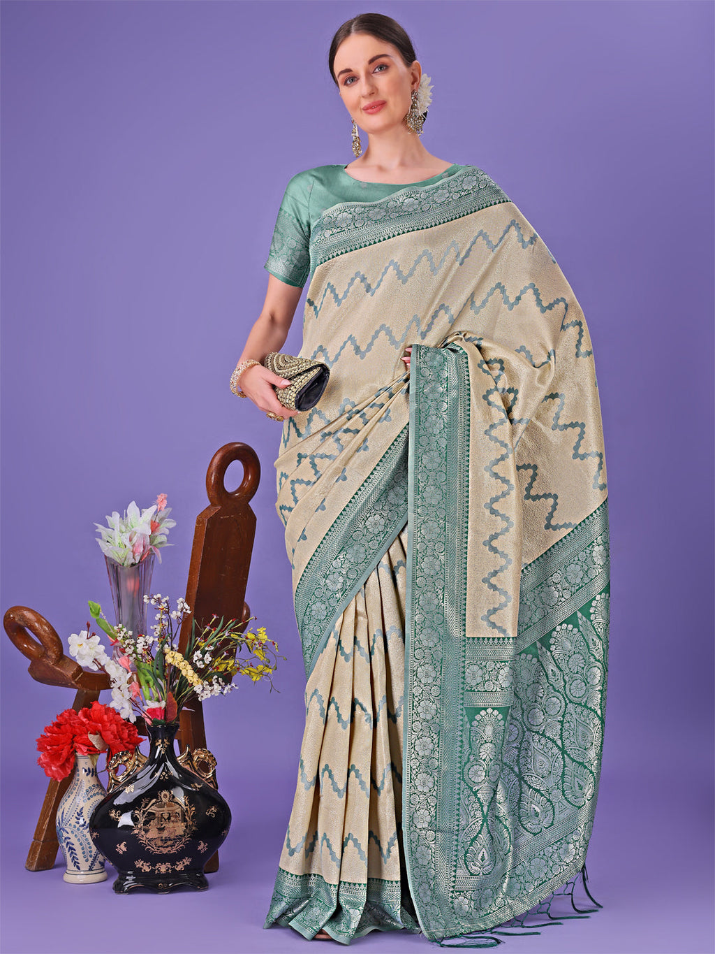 Cream and Green Lichi Silk Saree with Zigzag Woven Border