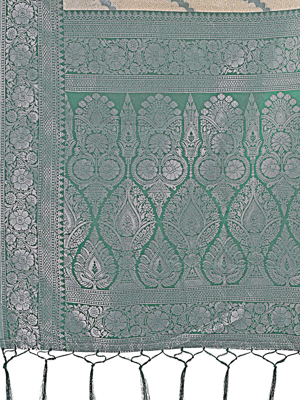 Cream and Green Lichi Silk Saree with Zigzag Woven Border