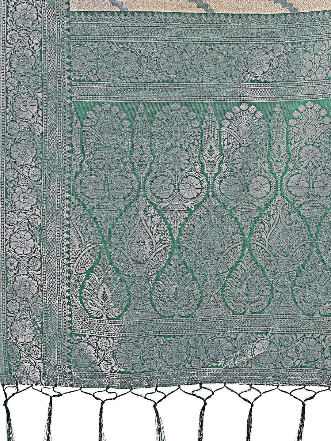 Cream and Green Lichi Silk Saree with Zigzag Woven Border