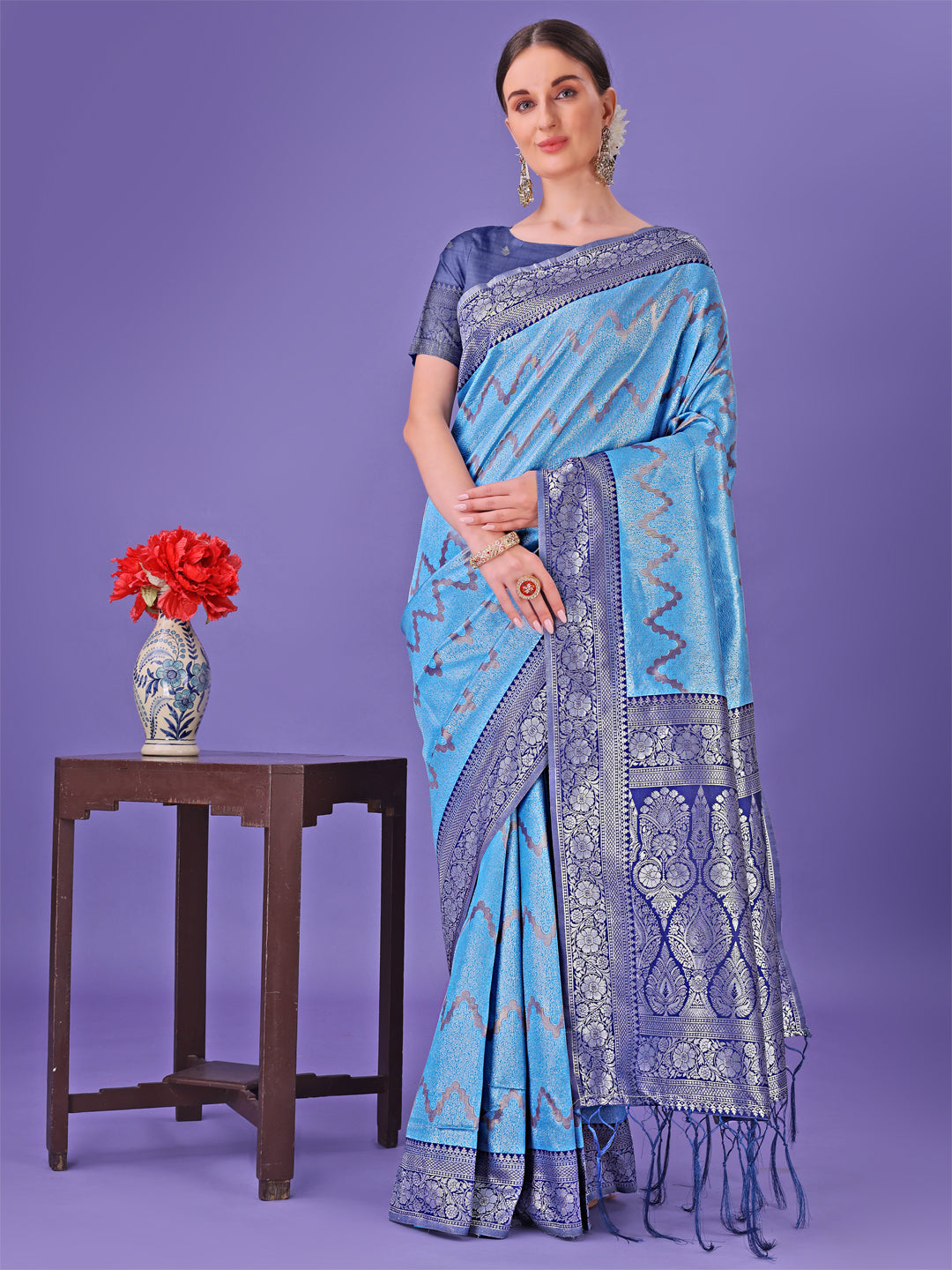 Blue and Navy Blue Lichi Silk Saree featuring a rich woven zigzag border and festive aesthetic.