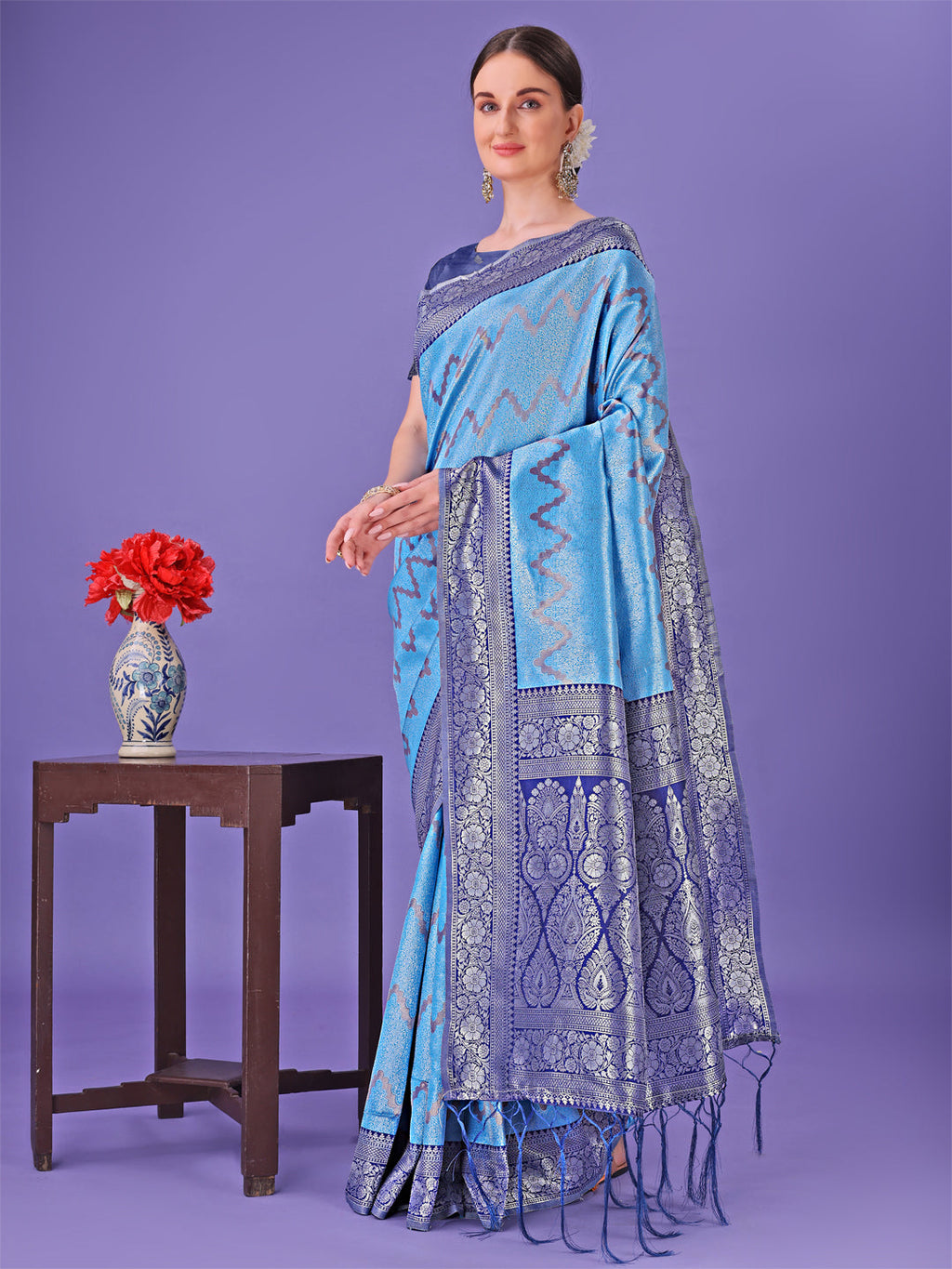 Blue & Navy Blue Lichi Silk Saree with Rich Woven Zigzag Border