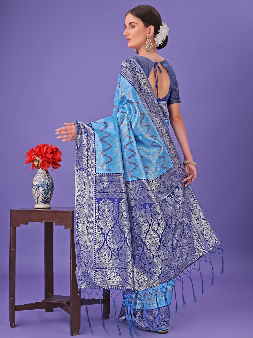Blue & Navy Blue Lichi Silk Saree with Rich Woven Zigzag Border