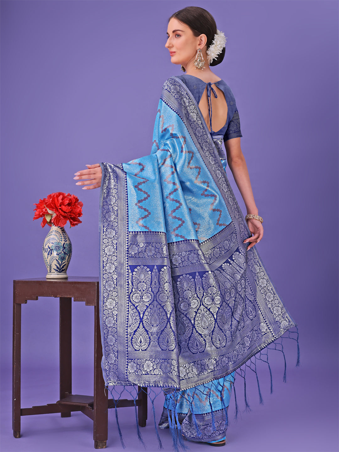 Blue & Navy Blue Lichi Silk Saree with Rich Woven Zigzag Border