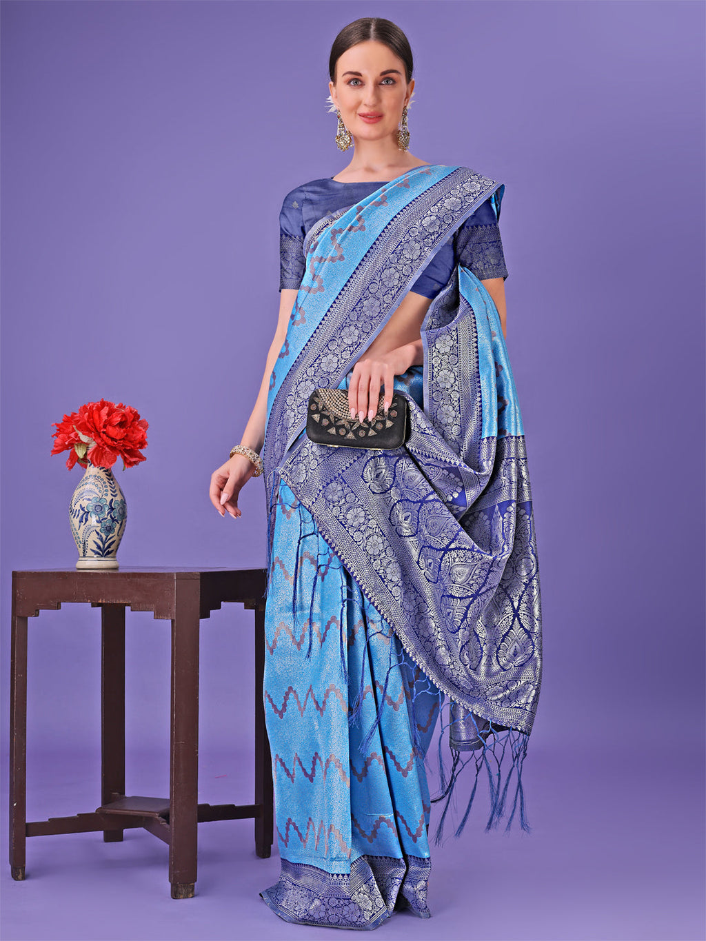 Blue & Navy Blue Lichi Silk Saree with Rich Woven Zigzag Border