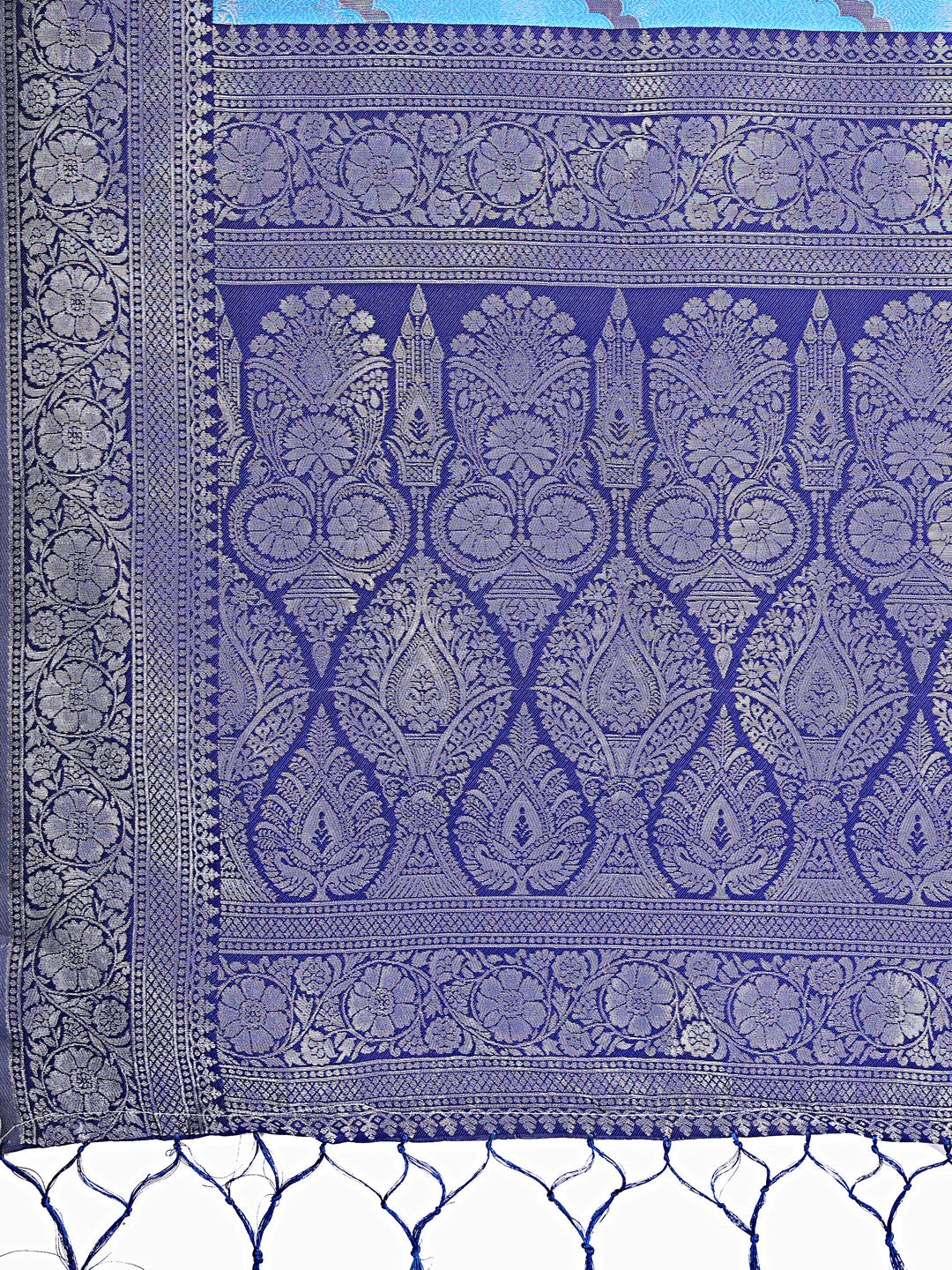 Blue & Navy Blue Lichi Silk Saree with Rich Woven Zigzag Border