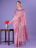 Light Pink and Magenta Lichi silk saree with a woven zigzag pattern and rich border