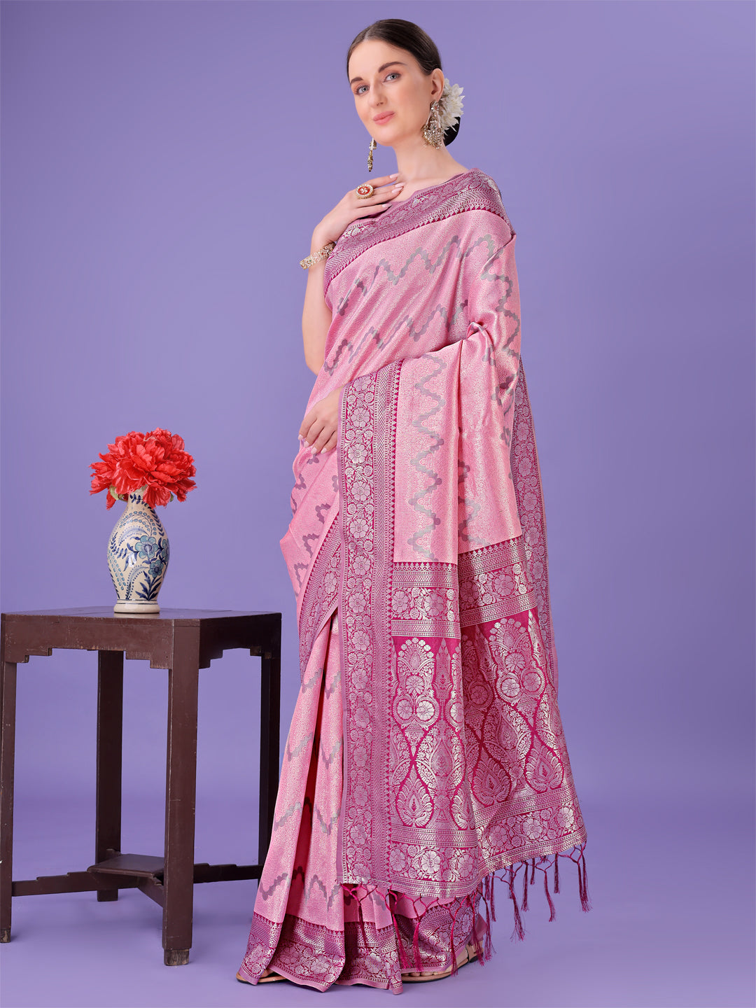 Light Pink & Magenta Lichi Silk Saree with Zigzag Pattern