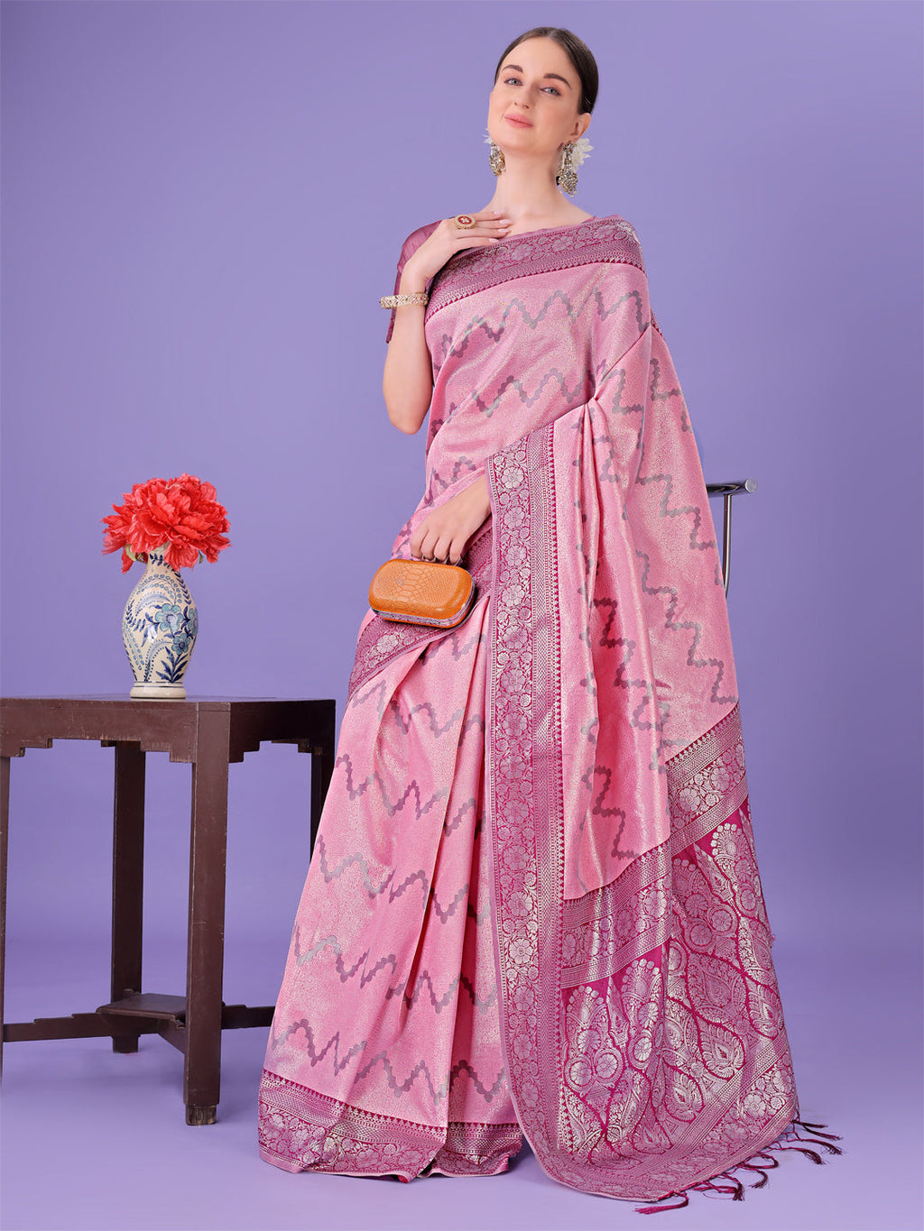 Light Pink & Magenta Lichi Silk Saree with Zigzag Pattern