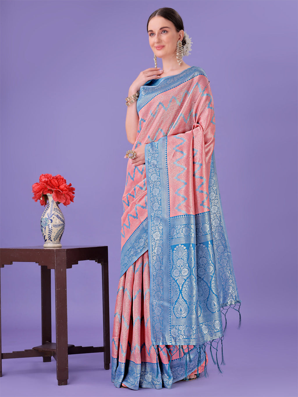 Peach & Blue Lichi Silk Saree with Zigzag Pattern