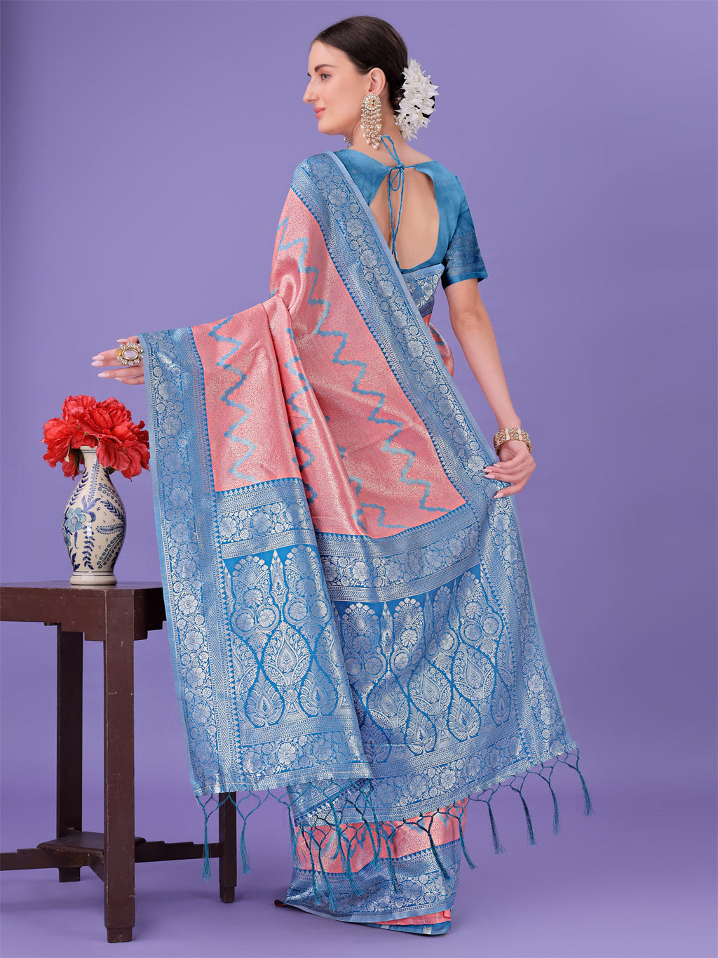 Peach & Blue Lichi Silk Saree with Zigzag Pattern