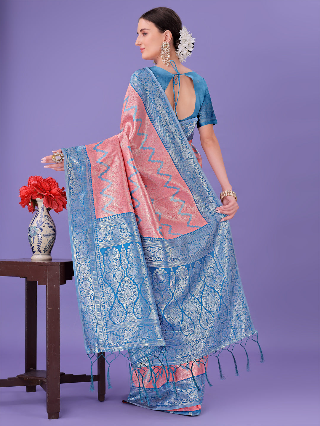 Peach & Blue Lichi Silk Saree with Zigzag Pattern
