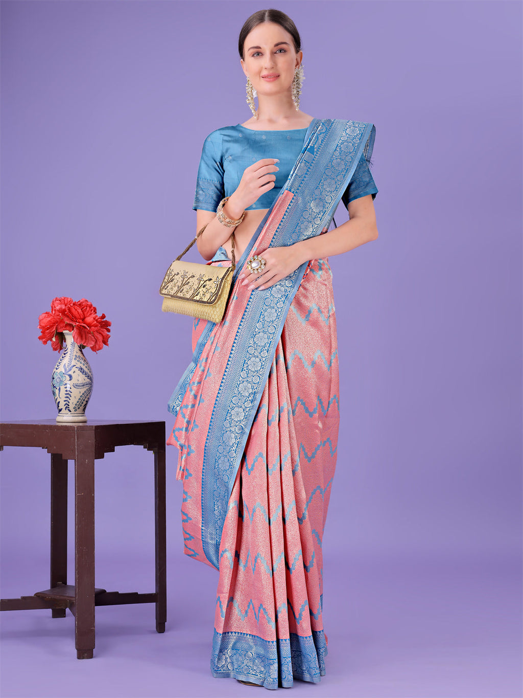 Peach & Blue Lichi Silk Saree with Zigzag Pattern