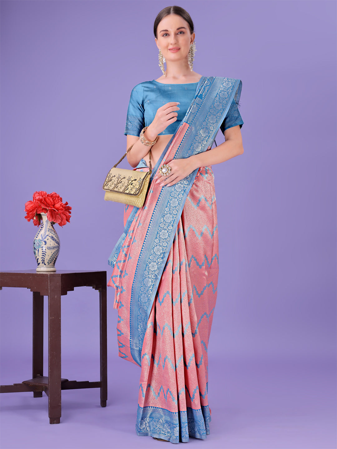 Peach & Blue Lichi Silk Saree with Zigzag Pattern