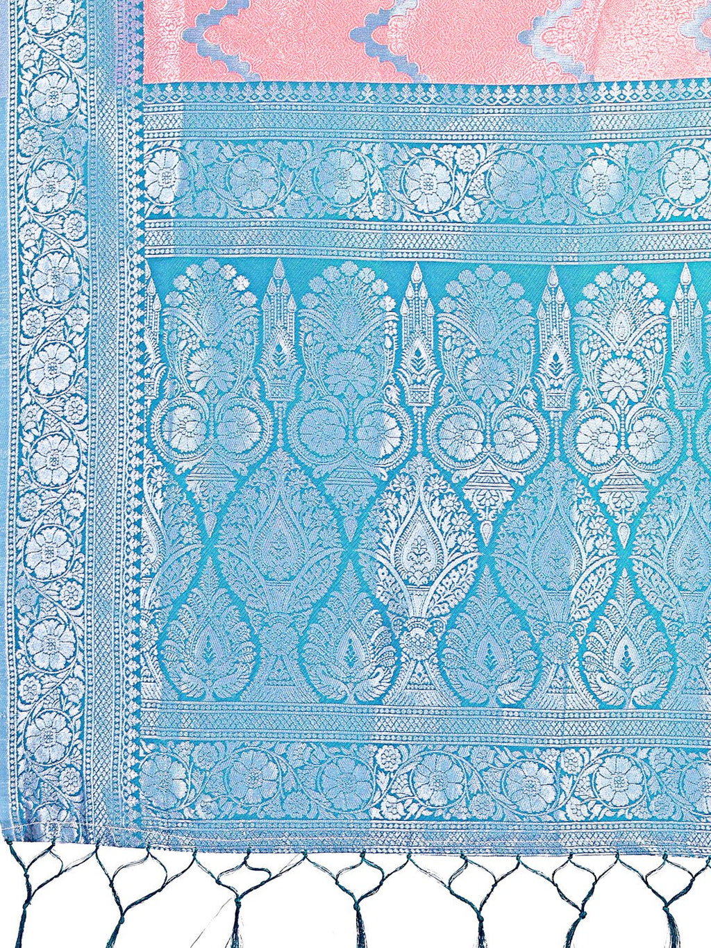 Peach & Blue Lichi Silk Saree with Zigzag Pattern