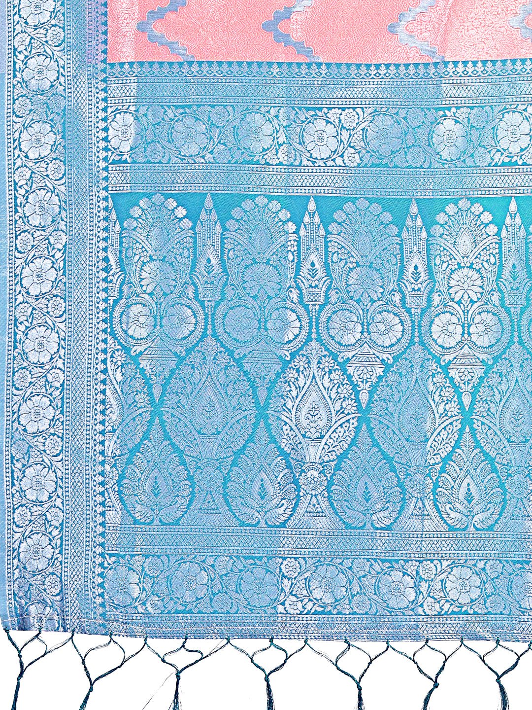 Peach & Blue Lichi Silk Saree with Zigzag Pattern