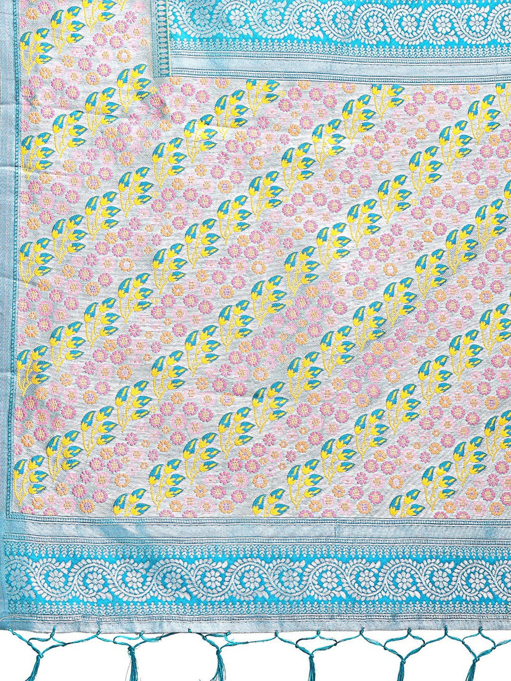 Radiant Yellow Silk Saree with Pink and Blue Floral Patterns