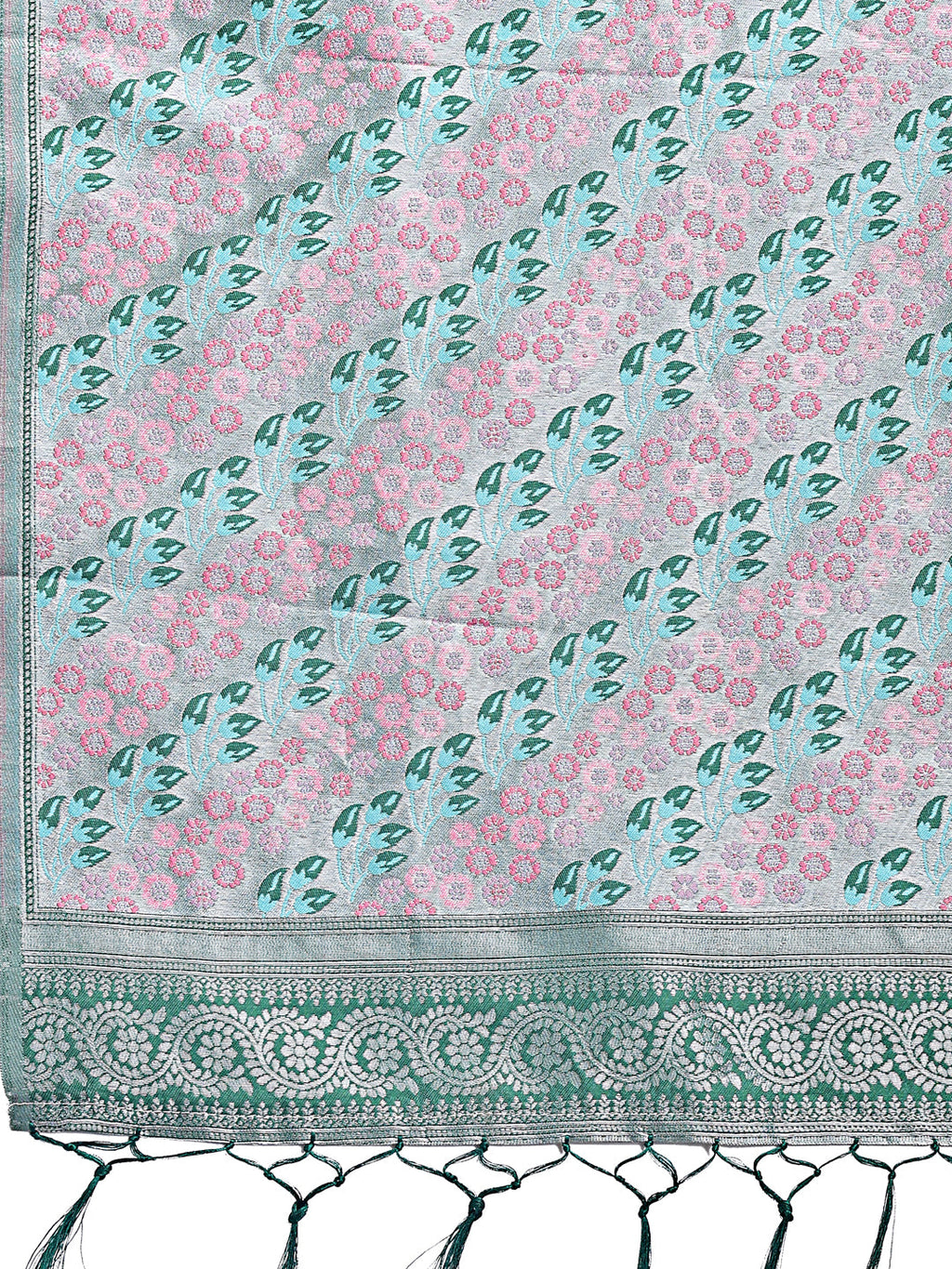 Radiant Teal Silk Saree with Pink and Blue Floral Motifs