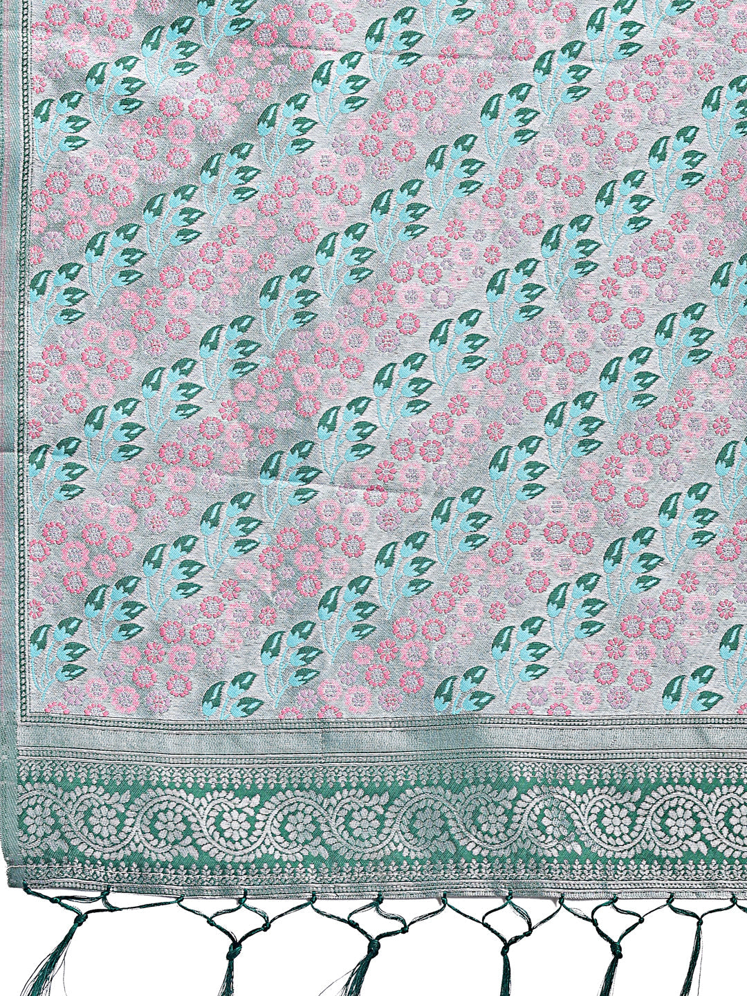 Radiant Teal Silk Saree with Pink and Blue Floral Motifs
